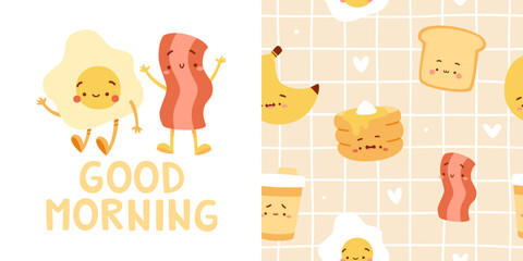 Breakfast food pattern set. Seamless vector print with morning food for kids pajamas.