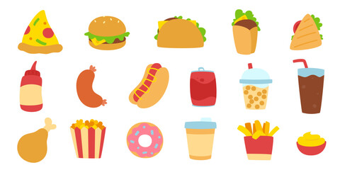 Fast food flat vector set. Cartoon fast food icon collection. Street food bundle.