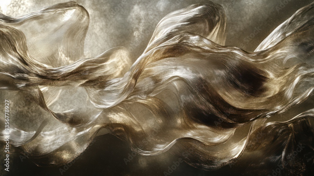 Poster Graceful golden waves of textured material flowing with ethereal light in a soft hazy atmosphere