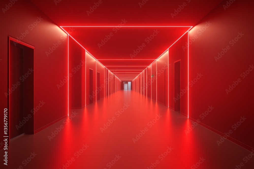Poster Dramatic red hallway illuminated with neon lights creates a striking visual effect in a modern space