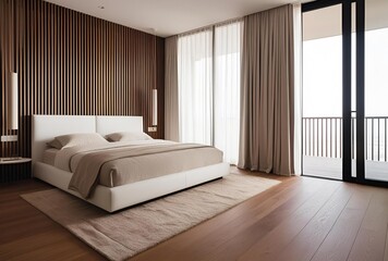Minimalist Modern Bedroom with Wooden Aesthetic and Balcony View