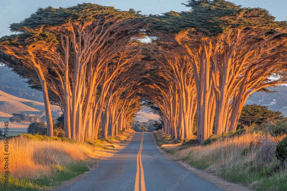 Aufkleber sunset illuminates a scenic road lined with cypress trees in california, creating a beautiful natura