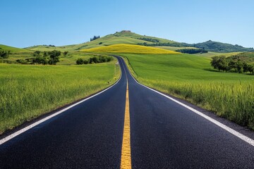 Fototapeta premium Winding road through lush green hills under clear blue sky in a serene landscape setting