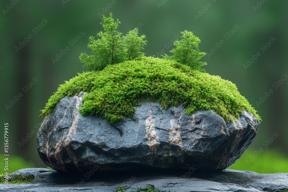 Poster Lush green moss and tiny trees growing on a large rock in a tranquil forest setting
