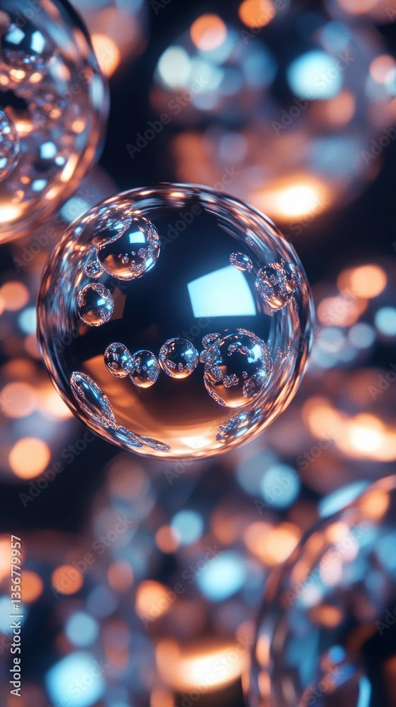 Aufkleber Floating Spheres with Reflections in a Blurred Colorful Background of Bokeh Style Bubbles Backdrop
