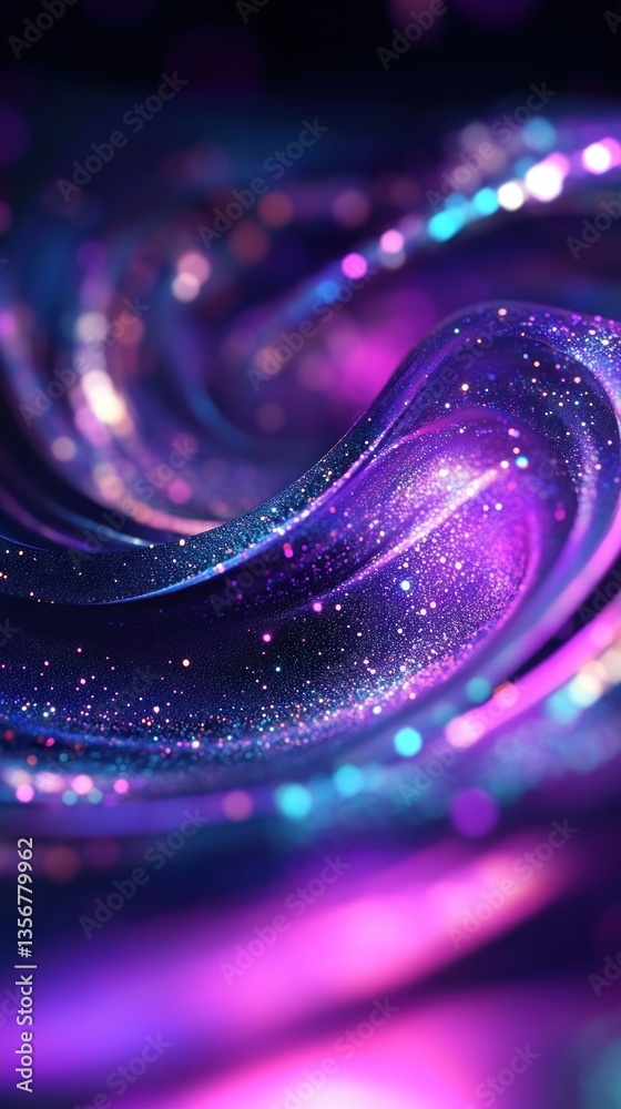 Poster abstract purple and blue swirl with glittering particles and bokeh lights elegant design