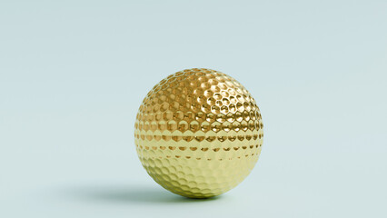 3D model of a golden golf ball on a blue background close-up, play golf