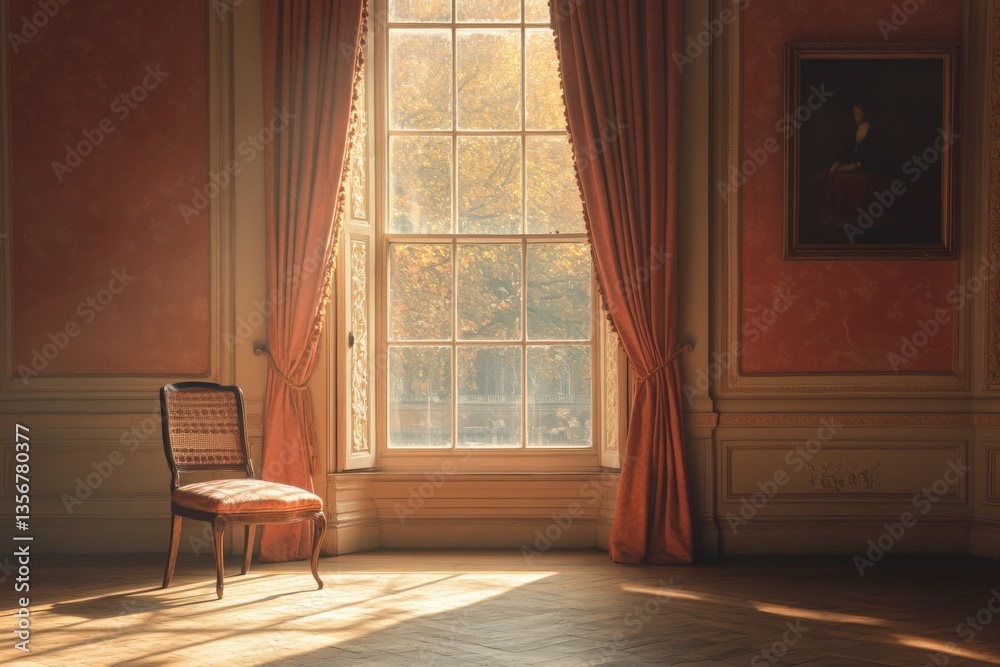 Aufkleber light filters through a grand window illuminating an empty chair and warm decor in a historic room