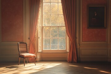 Light filters through a grand window illuminating an empty chair and warm decor in a historic room