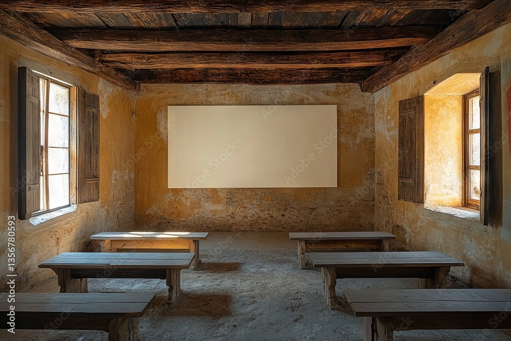 Leinwandbilder empty classroom with rustic benches and large blank screen, located in an old building during daylig