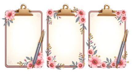 Obraz premium Three decorative clipboards with floral designs and pens, showcasing elegant stationery. ,isolated, absolutely white background,clipping path