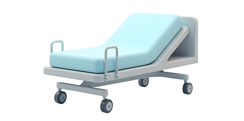 Hospital bed with adjustable features and wheels for mobility. ,isolated, absolutely white background,clipping path