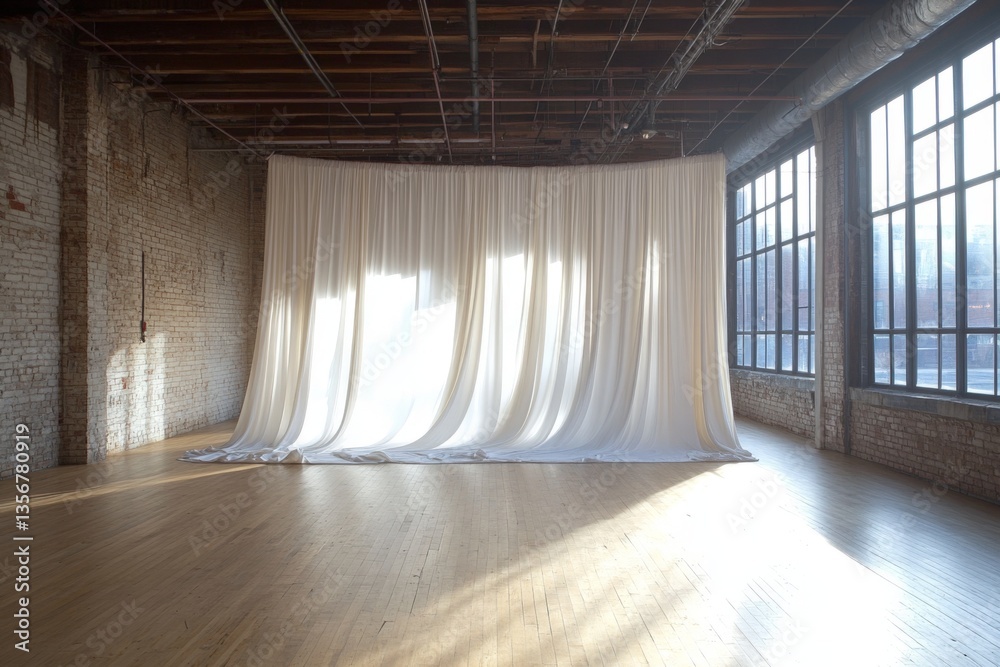 Leinwandbilder light filters through large windows onto flowing white fabric in an open space with wooden floors