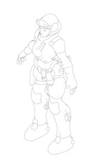 A woman in a military uniform stands in front of a white background. She is wearing a helmet and a backpack