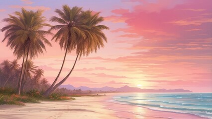 A serene beach scene with white sand, gentle waves