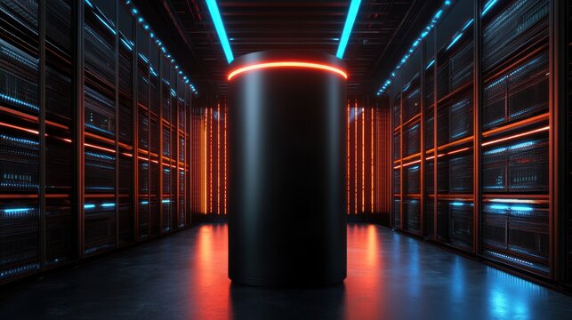 Futuristic server room cylinder display