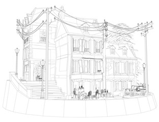 A drawing of a building with a street in front of it. The building has a lot of windows and a balcony. There are several people in the drawing, some of them are sitting on chairs