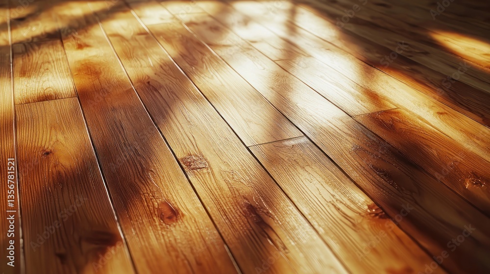 Poster gleaming sunlit wood floor with rich texture smooth surface bright highlights warm tone and dynamic 