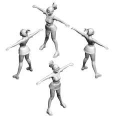 Four women are standing in a circle, each with their arms raised. The women are all wearing skirts and are all facing the same direction. The scene is very symmetrical