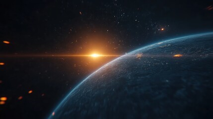 Fototapeta premium Dramatic cosmic dawn illuminates distant world with fiery hues in a breathtaking display of celestial beauty Generative AI