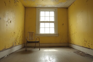 Empty room with peeling yellow walls and a single chair near a window illuminated by natural light