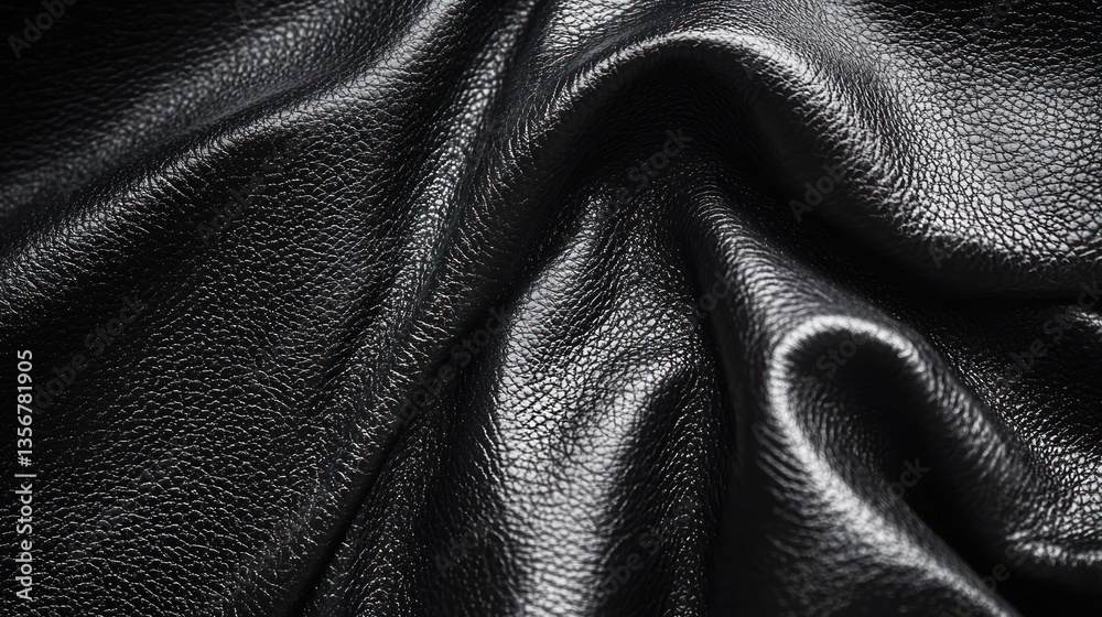 Poster Glossy abstract close up capture of black leather with intricate texture and deep tone folds on a flat surface for background