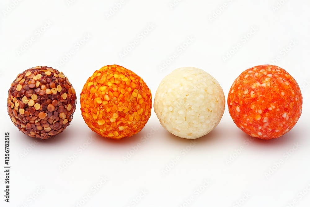 Poster four colorful textured balls arranged in a line, showcasing vibrant colors and varied surfaces as a 