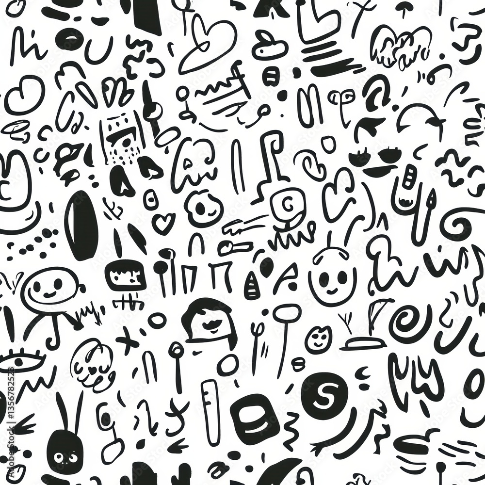 Fototapete seamless doodle pattern featuring fun hand-drawn icons and playful sketch lines in black ink on a wh