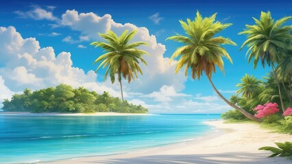 Fototapeta premium A serene beach scene with white sand, gentle waves
