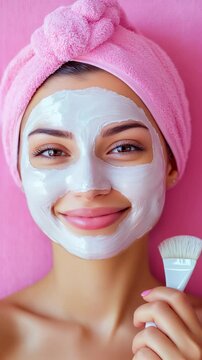 Skincare routine featuring a woman applying a facial mask with a brush in a vibrant setting. Ideal for Social Media, Stories, Advertising