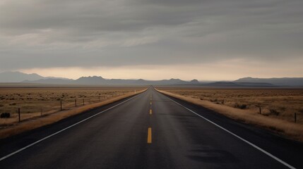 Fototapeta premium Lonely Journey Ahead on an Asphalt Road Under a Cloudy Sky in the Vast Open Plain Landscape