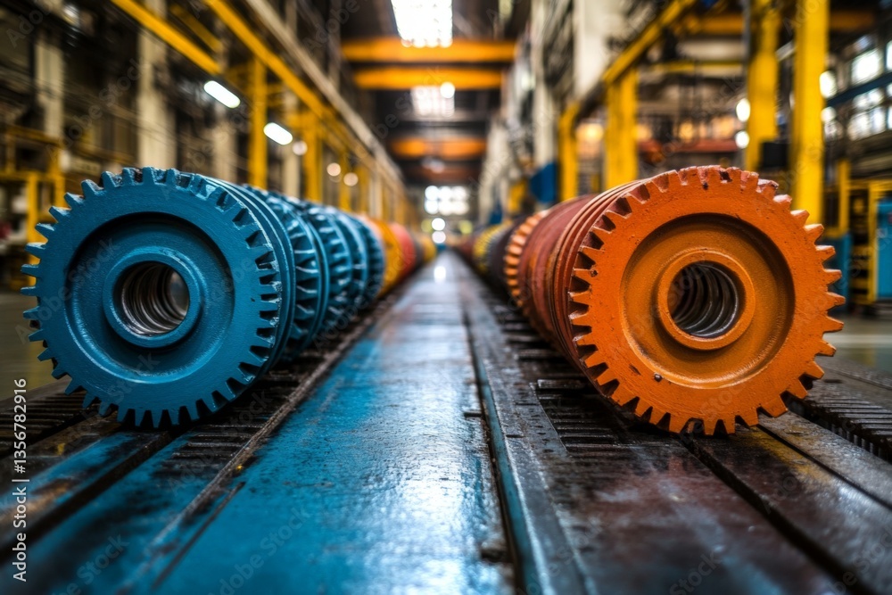 Aufkleber industrial assembly line showcasing colorful gears arranged in a symmetrical pattern in a manufactur
