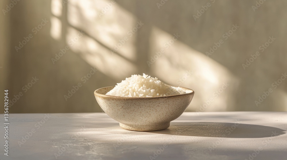 Poster Delicate grains of rice in rustic bowl under gentle light cast shadows enhancing the soft mood in simple setup