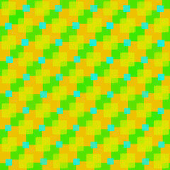 Illustration, background in the form of a seamless checkered pattern of yellow, green and blue squares on an orange background