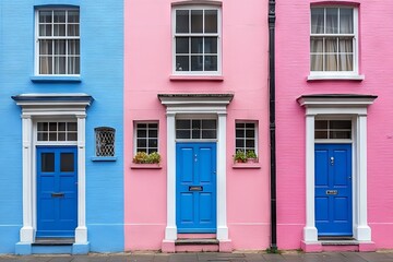 Naklejka premium Colorful houses with blue and pink doors in an urban neighborhood captured during daylight