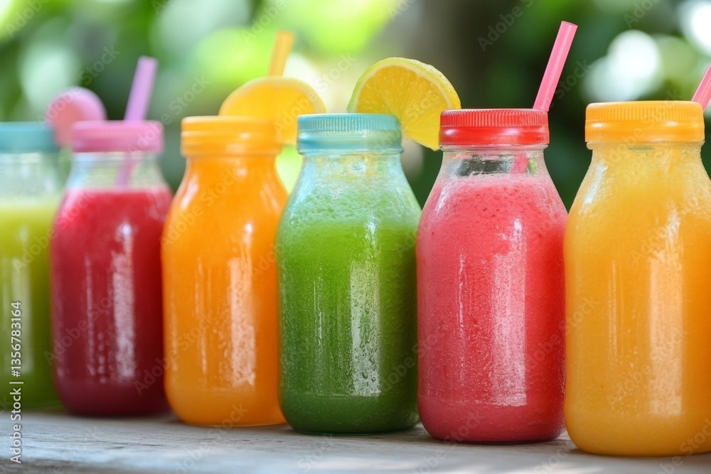 Poster bright and refreshing fruit juices lined up on a wooden table in a sunny outdoor setting during a wa