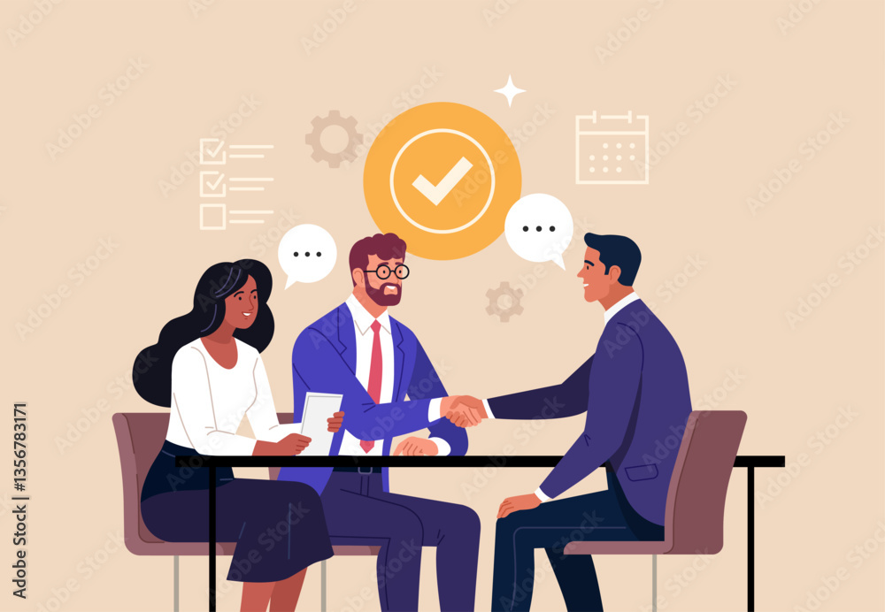 Poster business job interview concept. vector cartoon illustration of two men in suits shaking hands and a 