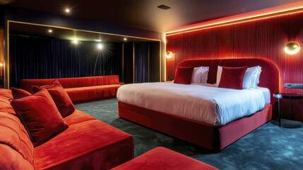 Luxurious hotel room with red velvet furniture, modern design, and cozy ambiance