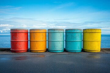 Colorful barrels lined up by the water's edge in a serene coastal location during daylight hours