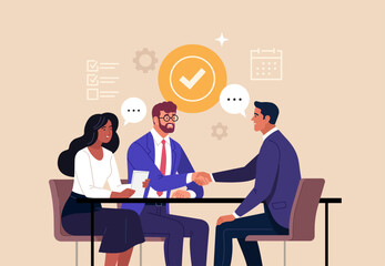 Business Job Interview concept. Vector cartoon illustration of two men in suits shaking hands and a woman with documents at a desk. Isolated on background.