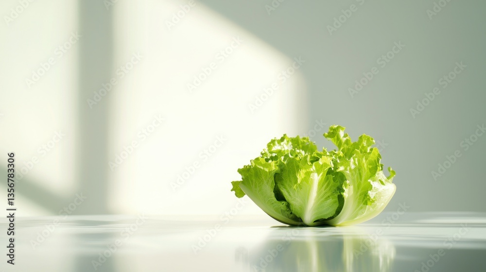 Aufkleber Fresh green lettuce on reflective surface contrasting with soft shadow against minimal background
