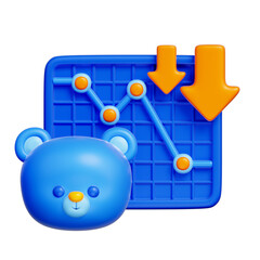 3D icon of line chart with downward arrows and coin stack, representing market crash, investment loss, and economic decline.