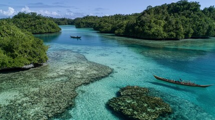 Exploring serene waters kayaking adventure in tropical paradise aerial view nature's beauty