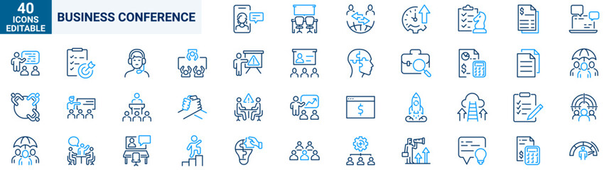 Business Conference web line icons. Meeting icon set of web in line style. Webinar icons Related to teamwork, interview, online meeting, discussion and more.