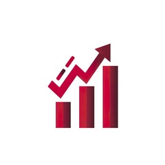 Abstract minimal logo in dark red, sleek arrow merged with stacked bar chart forming a unified shape, symbolizing growth, strategy, and analytics, ultra-clean vector design on white background