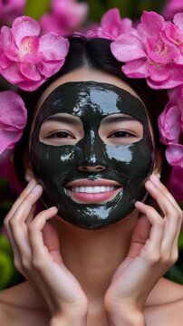 Facial mask treatment surrounded by tropical flowers in a lush garden in the afternoon. Ideal for Social Media, Stories, Advertising