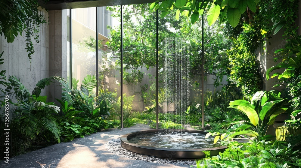 Poster tranquil garden oasis with a serene waterfall feature surrounded by lush verdant foliage and natural