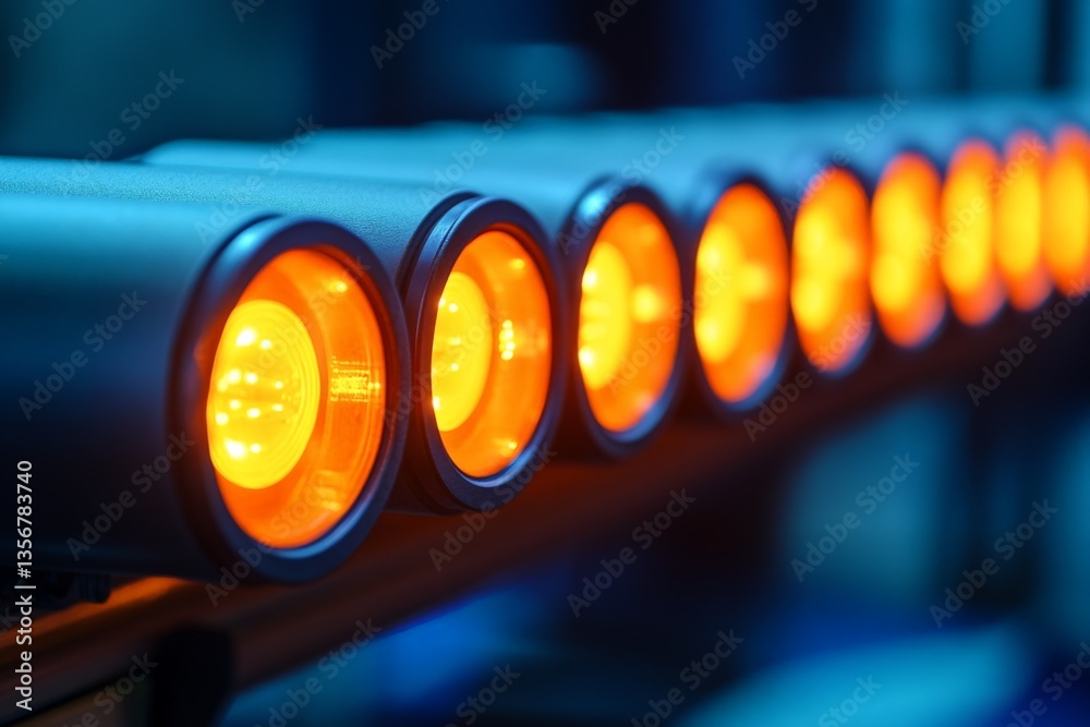 Poster lighting fixtures illuminate a stage setup for an upcoming event at an indoor venue