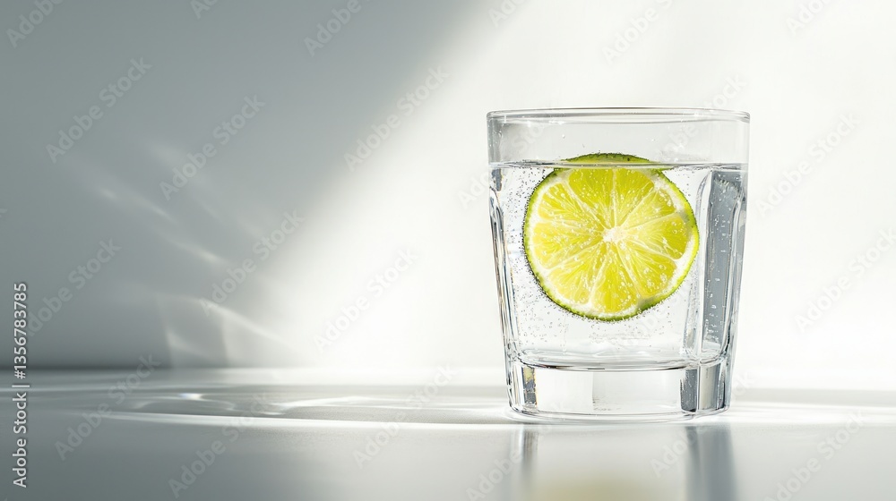 Poster Refreshing Lime Slice in Clear Sparkling Water Glass a Simple Clean Drink in Minimalist Style