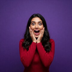 Huge Sale Or Promo Concept. Amazed indian woman screaming and touching her face in disbelief, looking at free copy space on purple studio background. Astonished young lady with open mouth